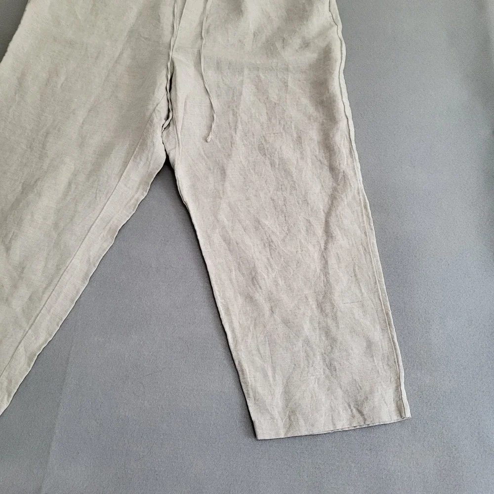 H &‎ M Linen Blend Beige Wide Leg Pants Elastic Waist Women's XL Pockets Boho